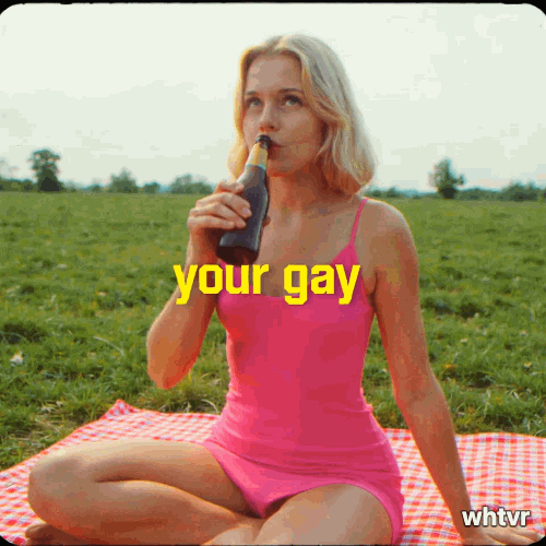 90s handicam aesthetic of a beautiful woman in a tight spandex pink short dress sitting on a picnic blanket in a field, drinking a beer, with text on screen "your gay"