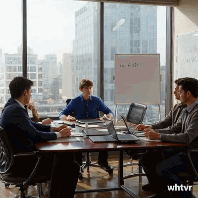 in a boardroom, with employees sitting around table with a whiteboard and windows. On the white board it says 'Use AI MORE!' and one of the employees stands up and jumps out the glass window