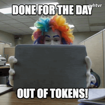 clown, in office, 90s handicam, closing laptop computer and looks at camera, smiling, saying "Out of tokens!"